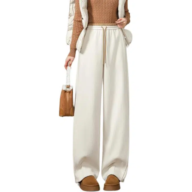 【dme】 醇厚保暖云绒呢冬季抽绳撞色松紧高腰弯刀裤直筒小个子腰舒适百搭纯色宽松潮流休闲裤 女款