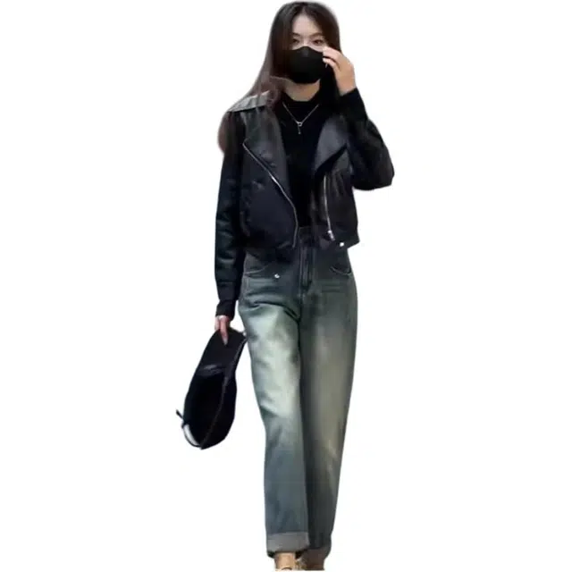 丝絮丝绸 秋季宽松复古港风长袖机车夹克外套皮衣 女款