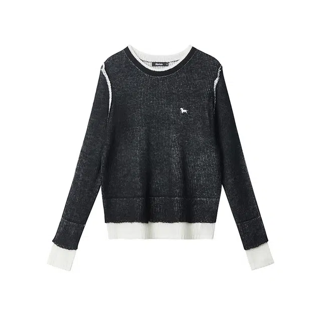 花蔓色 欧美风时尚条纹撞色上衣女套头圆领拼接休闲百搭设计长袖针织衫 女款