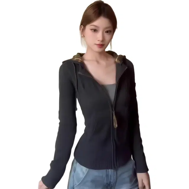 小卷要加油 美式复古格子连帽外套女秋冬季修身收腰短款开衫辣妹上衣针织衫 女款