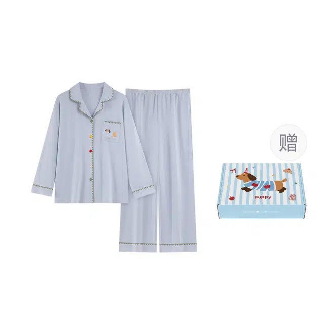 宫蝶 腊肠狗柔软长袖家居服卡通甜美风宽松休闲开衫睡衣套装 女款 礼盒装