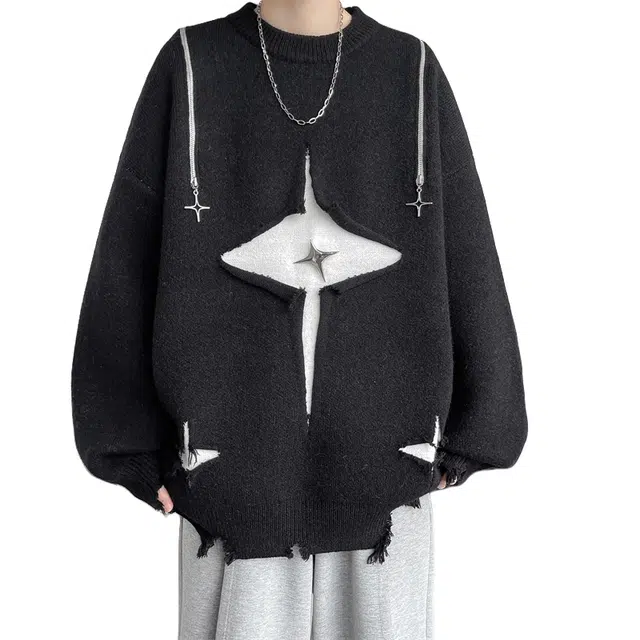 加荣 美式高街设计感星星潮流时尚外衣复古高级感小众针织衫 男女同款