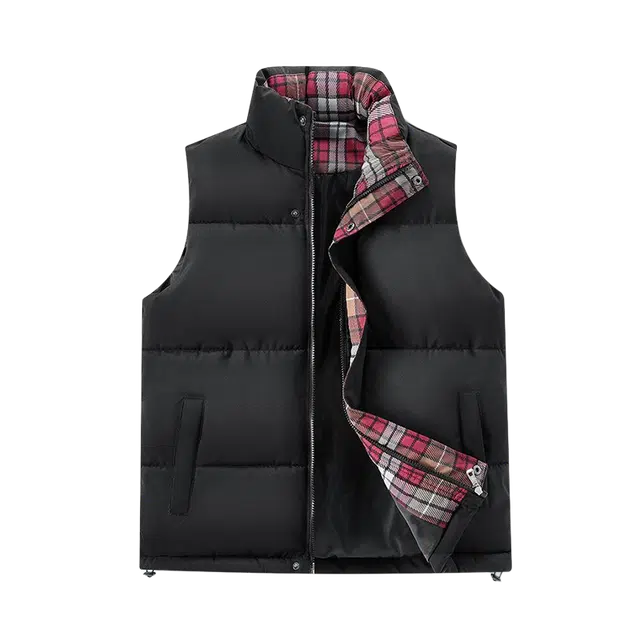 素杭 美式高街基础款撞色格纹立领保暖无袖背心宽松百搭山系户外休闲运动外穿加厚坎肩情侣款马甲 男女同款