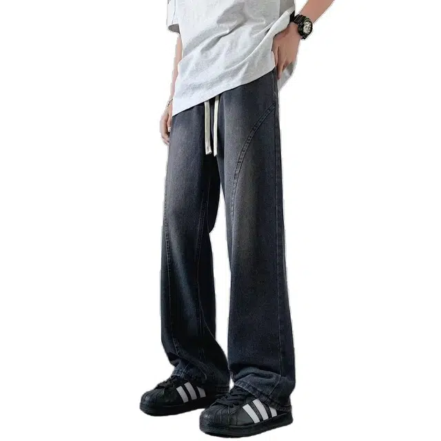 寻星记 美式高街潮牌复古水洗渐变做旧拼接宽松直筒垂感抽绳休闲牛仔裤 男女同款