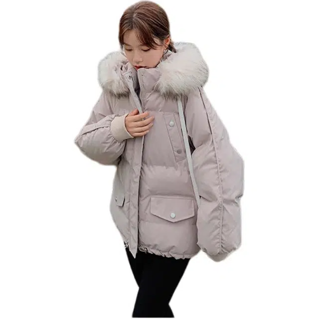 丝絮丝绸 冬季时尚百搭加厚宽松毛领面包服外套上衣棉服 女款