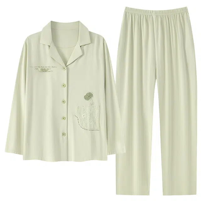 帕兰朵 春秋女士纯棉长袖纽扣薄款两件套反领开衫女装夏装初恋女生睡衣套装 女款