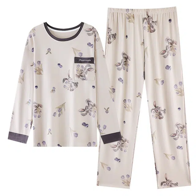 草本初色 纯棉柔软亲肤透气舒适浅色印花设计带胸垫防凹点长袖长裤可外穿两件套睡衣 女款
