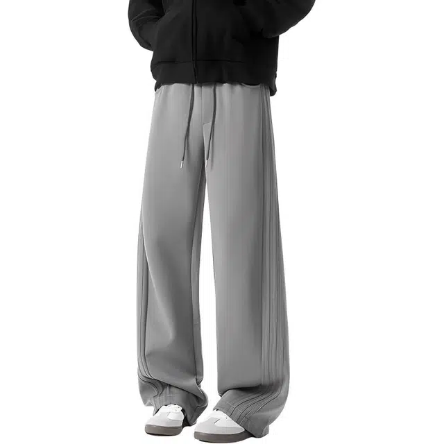 孜讯 美式重磅纯色基础款侧织带拼接设计感潮牌直筒长裤百搭宽松日常通勤慵懒垂感休闲裤 男女同款