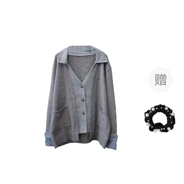 雾闪闪 大码女装高级感气质宽松牛仔拼接外套上衣 针织衫 女款
