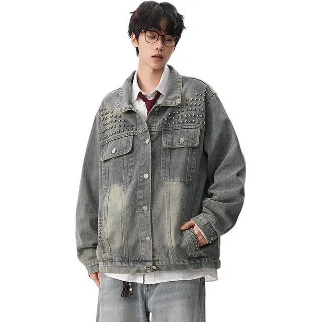 美式复古高街风铆钉水洗工装 设计感强 舒适百搭 适合通勤休闲等多种场景牛仔 男女同款