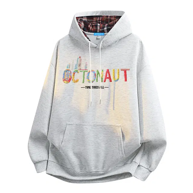 海底小纵队 春秋多巴胺色系美式高街仿万针刺绣彩色字母印花长袖袋鼠口袋百搭宽松潮流大码无性别撞色拼接格子纹连帽卫衣 男女同款