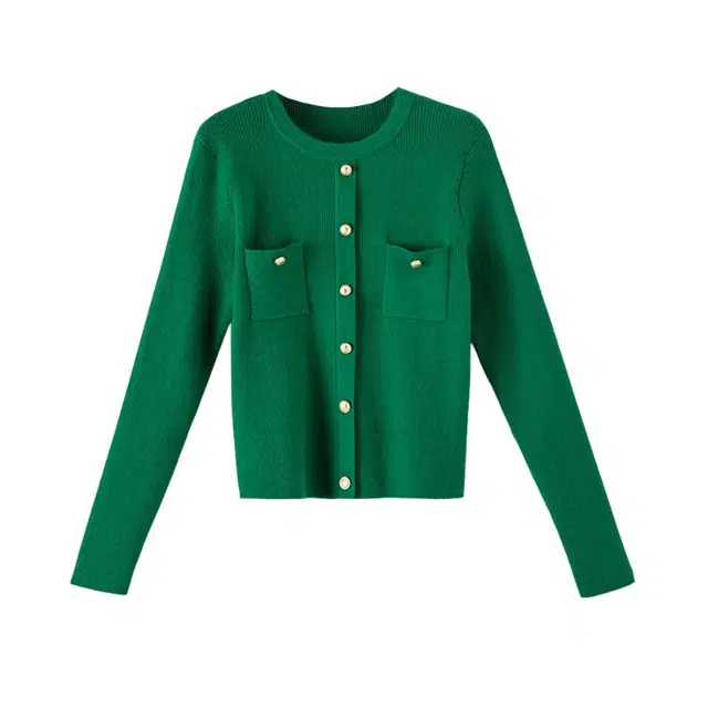 晚白 纽扣装饰软糯舒适有弹力竖条纹针织衫 女款