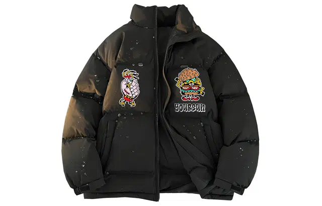 宜而爽 美式高街复古潮牌创意卡通贴纸图案字母印花宽松运动加厚防寒保暖立领鸭绒外套日常通勤休闲百搭户外轻薄羽绒服 男女同款