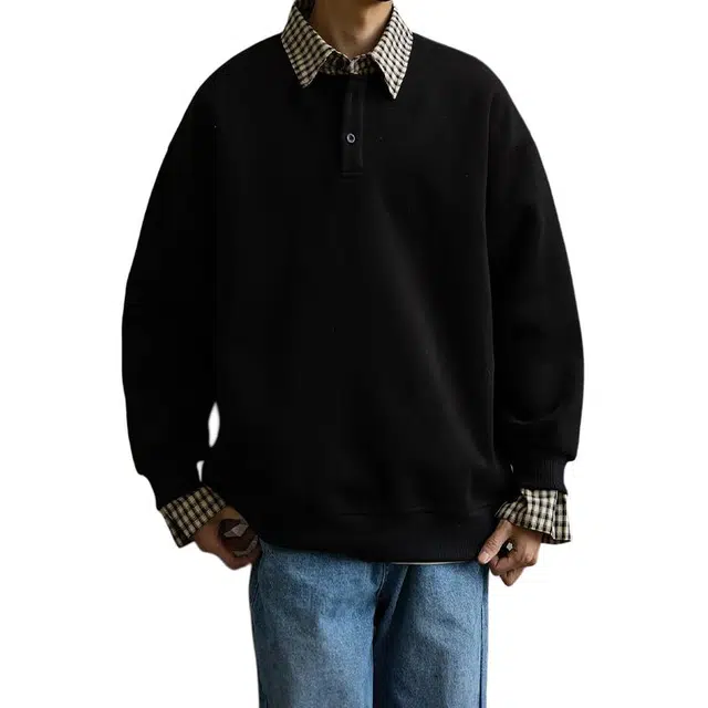 拓菲 格子拼接假两件男设计感衬衫领外套秋季潮流宽松情侣上衣卫衣 男女同款