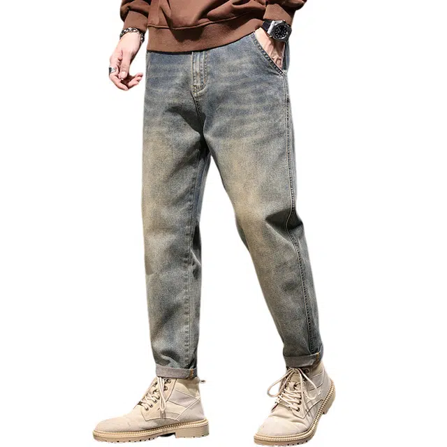 赛瀚 潮流水洗直筒牛仔裤男士美式复古秋季厚款做旧百搭舒适亲肤男装宽松锥形长裤显瘦显高青年高街风职场日常通勤外穿休闲裤 男女同款