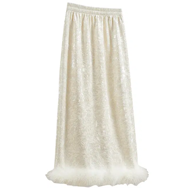 她池 优雅温柔风加绒保暖高腰中长款直筒休闲长裙 女款 珍珠杏