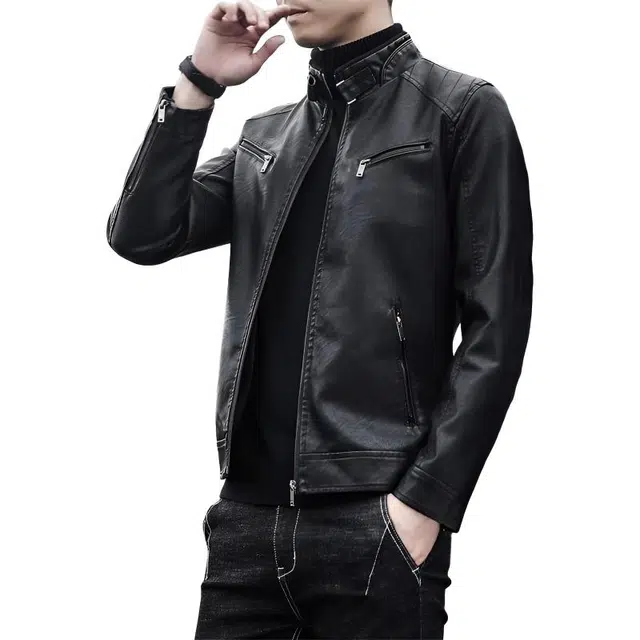 左岸 美式复古男士百搭纯色机车服气质加厚加绒外套设计立领保暖潮流休闲修身显高痞帅酷潮长袖上衣皮衣 男款