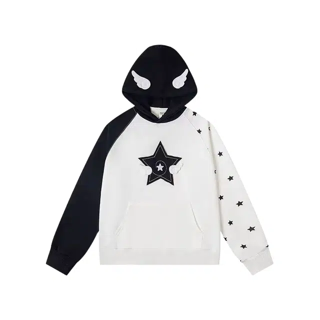 望莱仕 美式高街星星贴布刺绣连帽撞色设计感高级宽松百搭上衣卫衣 女款