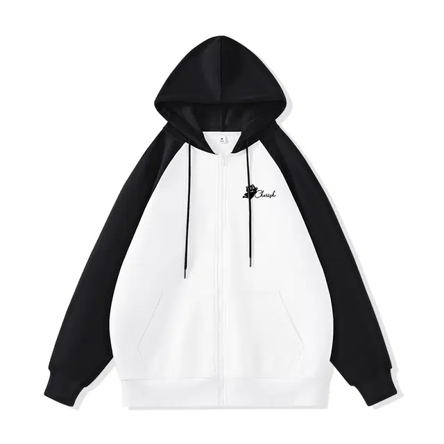 棉致 跳舞喵喵涂鸦百搭时尚休闲简约潮流个性美式撞色插肩宽松弹力柔软舒适拉链开衫连帽外套卫衣 男女同款