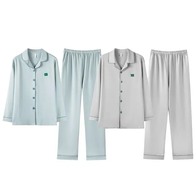 俏韵 翻领春秋季纯棉简约长袖长裤甜美舒适休闲高级家居服可外穿睡衣套装 男女同款