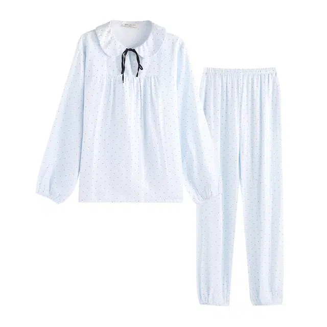 侘町 秋季蓝色波点蝴蝶结纯棉棉纱柔软透气亲肤宽松休闲睡衣礼盒 女款 图片色