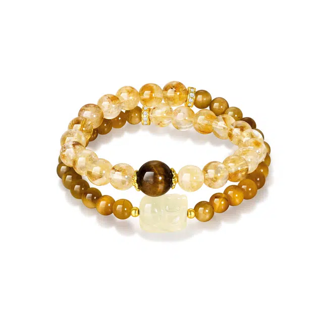 【精品财运之石】 金六福吉祥 新中式吸金转运珠时来运转有钱花福禄双圈左右逢源事业有成#好运天然 黄水晶 手串 男女同款情侣款