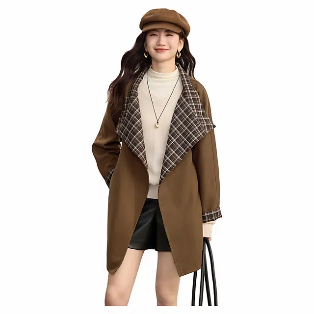 佐塞斯 高端品质轻奢琥珀流光风毛呢秋冬高级设计感复古撞色格子收腰外套大衣 女款