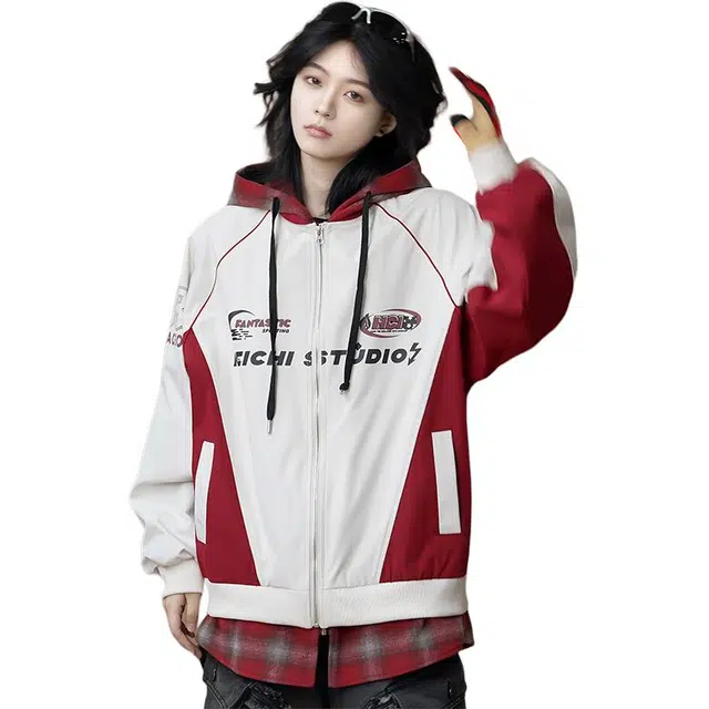 黑马漫画 假两件拼接格子外套秋季美式复古机车夹克 男女同款