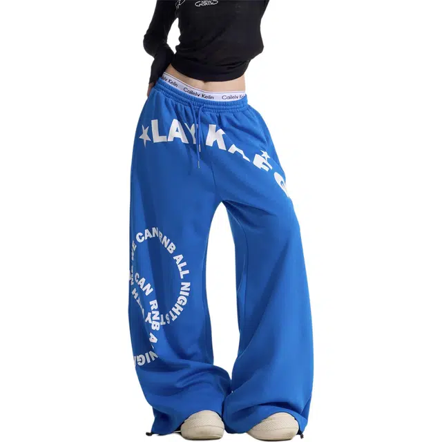 徐百货 美式潮牌嘻哈字母印花阔腿拖地长裤廓形垂坠感卫裤宽松舒适潮流百搭针织运动裤 男女同款