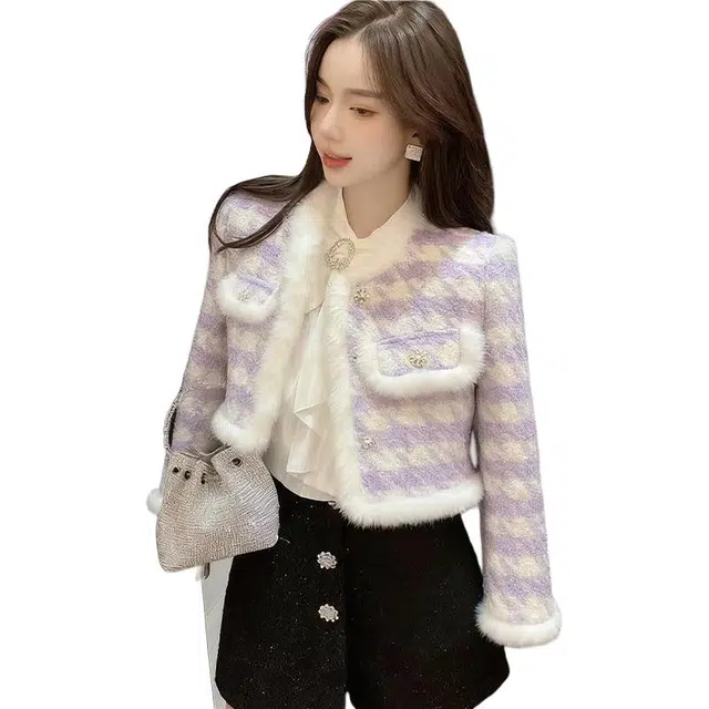 丝絮丝绸 小香风清新时尚紫罗兰名媛加厚长袖上衣截短外套 女款