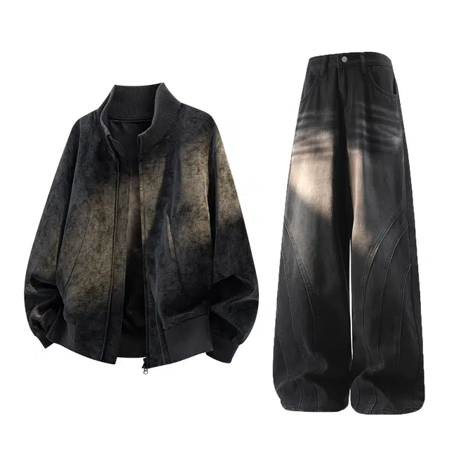 梓润格 秋季美式潮流扎染复古夹克拼接外套小众简约高级感时尚舒适宽松日常随性无性别主义水洗褶皱设计阔腿直筒裤休闲运动套装 男女同款
