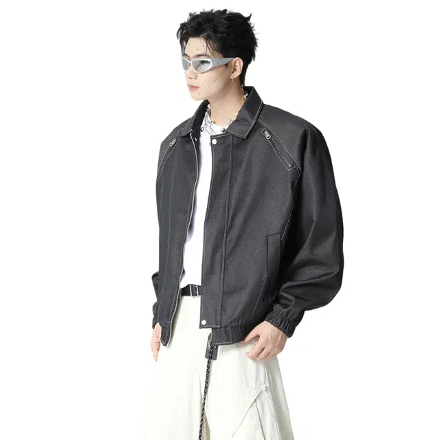 空白町 简约百搭宽松休闲牛仔底特律哈灵顿多拉链防风门襟纯色高街痞帅潮流时尚翻领高级感工装户外通勤夹克 男女同款