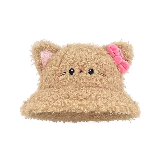 祎步康 可爱萌趣猫咪仿羊羔绒保暖护耳盆帽显脸小水桶帽 聚酯纤维 渔夫帽 女款