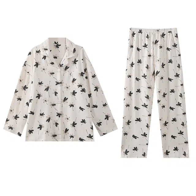 莫代尔 纯棉时尚百搭宽松翻领开衫休闲简约亲肤透气长袖长裤家居服可外穿女士睡衣套装 女款