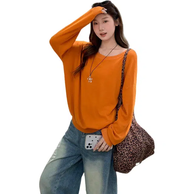 思蓓儿 韩系慵懒风露肩长袖女早秋宽松松弛感休闲显瘦上衣针织衫 女款