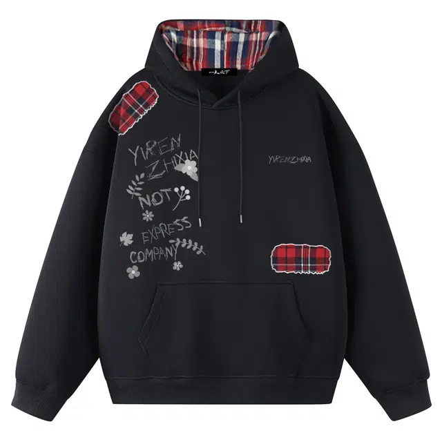 一人之下 国潮美式复古高街仿棉经典格纹破坏磨破仿真错视慵懒上衣残破风百搭宽松休闲舒适通勤运动学生情侣校园风连帽卫衣 男女同款