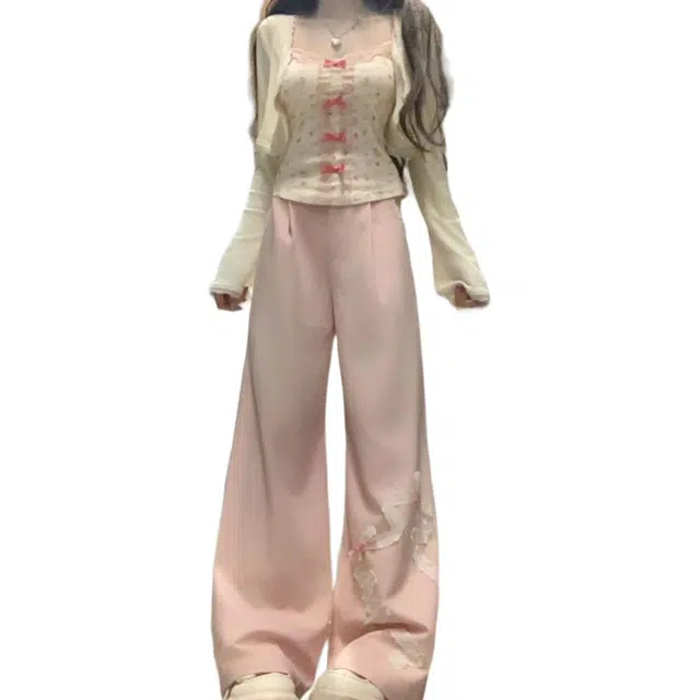 丝絮丝绸 春秋修身显瘦纯欲辣妹碎花吊带背心上衣开衫高腰阔腿长裤三件套 休闲套装 女款