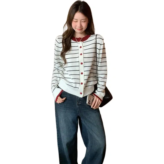 思蓓儿 圆领条纹拼接撞色长袖开衫女秋宽松显瘦外套针织衫 女款