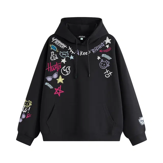 喜羊羊与灰太狼 美式复古高街时尚卡通动漫涂鸦仿刺绣个性印花长袖帽衫学院风日常通勤休闲宽松舒适百搭运动潮流情侣氛围感连帽卫衣 男女同款