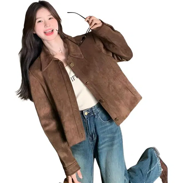 小卷要加油 咖色鹿皮绒女春秋韩系美拉德复古小个子休闲上衣短款夹克外套 女款