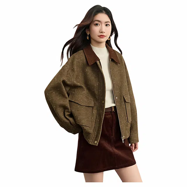 佐塞斯 高端品质轻奢复古茶棕花苞羊毛短外套秋冬巴恩风穿搭撞色翻领上衣夹克 女款