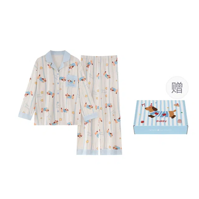 宫蝶 腊肠狗柔软长袖家居服卡通宽松休闲开衫睡衣套装 女款 礼盒装