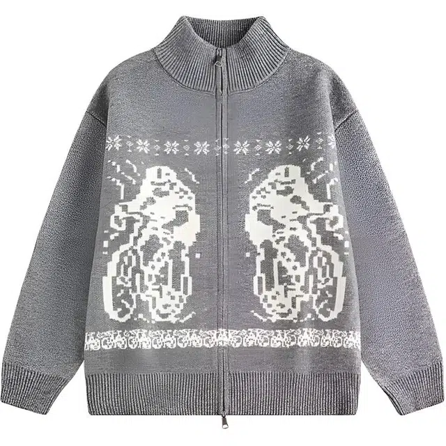 拾个壹先生 美式复古高街小众痞帅潮无性别主义穿搭亲肤柔软舒适时尚个性宽松休闲百搭设计感慵懒风含羊毛高级感提花直筒开衫针织衫 男女同款