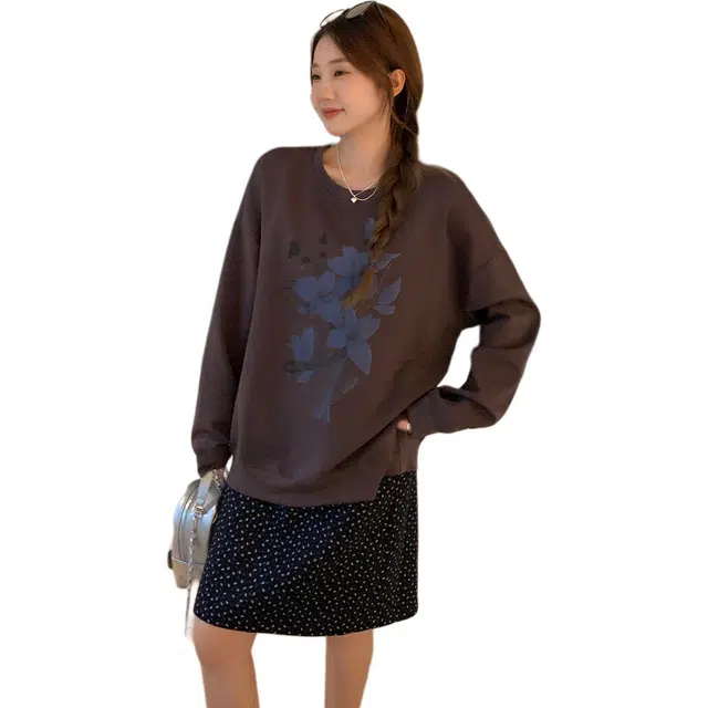 思蓓儿 美式复古印花圆领女秋宽松慵懒风百搭设计感上衣卫衣 女款