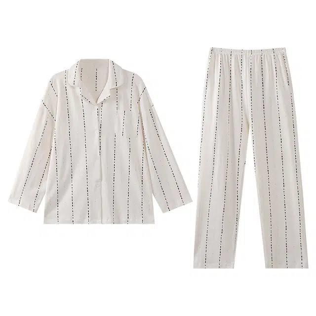 莫代尔 纯棉个性百搭简约翻领开衫休闲舒适亲肤透气长袖长裤家居服可外穿女士睡衣套装 女款