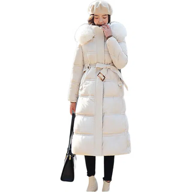 丝絮丝绸 冬季时尚宽松长款过膝大毛领棉衣棉服 女款