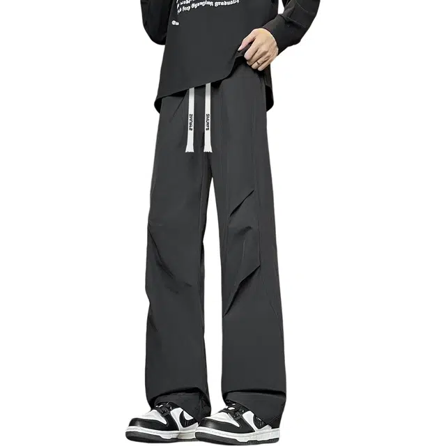 蓝精灵 显高显瘦显腿长垂感褶皱弯刀伞兵裤子帅气美式高街潮牌复古简约基础款情侣潮流百搭舒适亲肤日常通勤宽松直筒阔腿休闲裤 男女同款