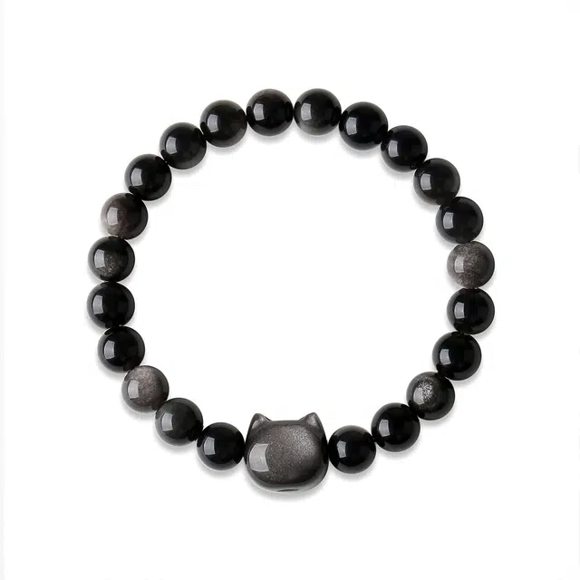 老庙 招财小猫 暗夜精灵 新中式国潮国风纳福精致轻奢小众高级设计手饰#好运礼盒包装表白惊喜仪式感 黑曜石 手串 女款