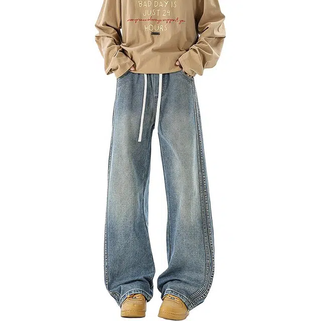 加荣 美式复古水洗直筒牛仔裤男秋季潮牌宽松阔腿裤男休闲百搭裤男款青少年痞帅男装裤子抽绳松紧弯刀裤男舒适拖地长裤 男女同款