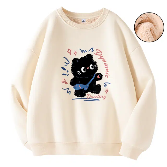 棉致 活力小猫涂鸦百搭创意时尚简约羊羔绒加绒加厚柔软细腻保暖舒适休闲日常圆领长袖卫衣 男女同款